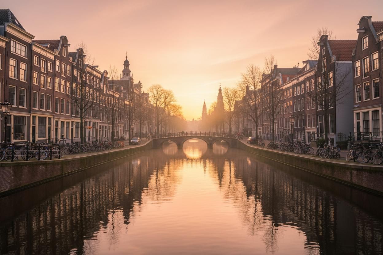 Coucher de soleil doré sur un canal d'Amsterdam bordé de maisons anciennes